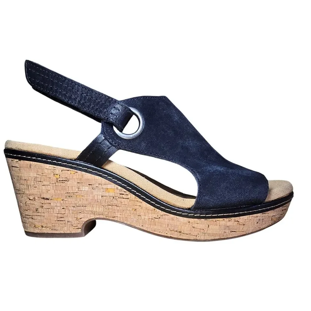 Clarks Women's Giselle Sea Nubuck Suede Wedge Sandals Cork Black 7.5 W Excellent